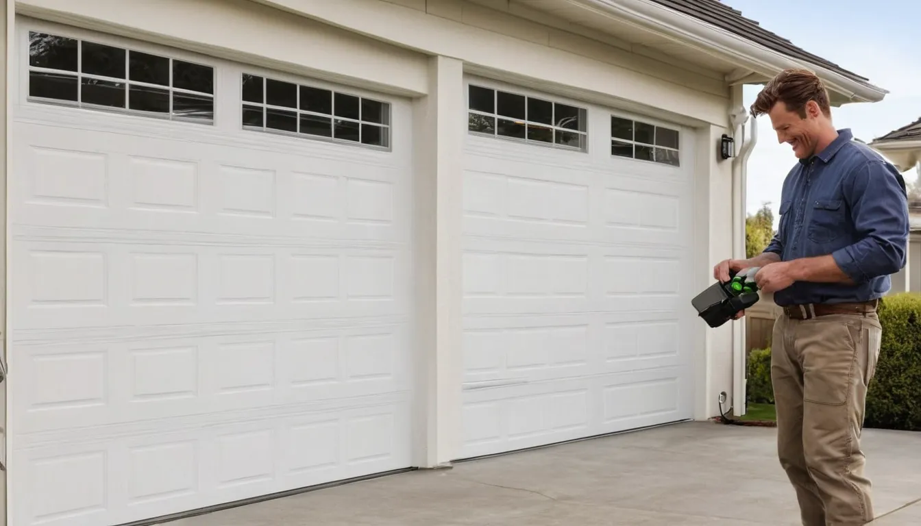 Friendly local garage door provider checking a torsion spring above a residential garage door in Woodbury